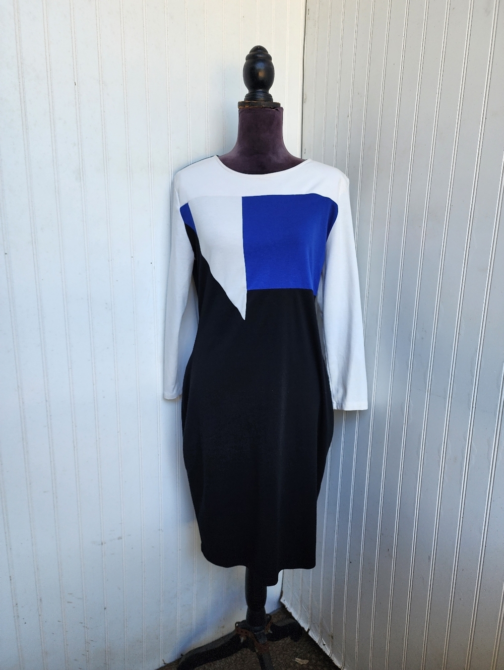 MF Dress Color Block Blue Black White 3/4 Sleeve Pencil Straight Jersey Sz XL
